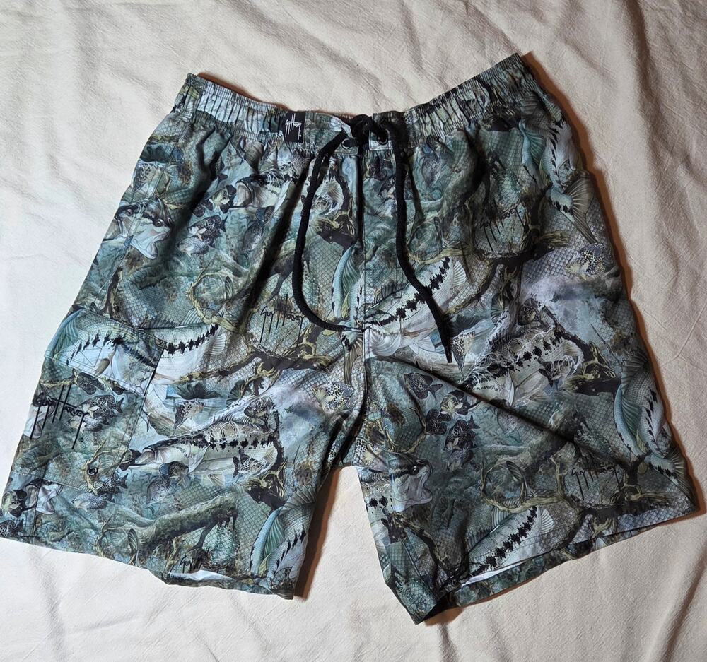 Guy Harvey AFTCO Men's Large Bass Fishing Swim Trunks All Over Print